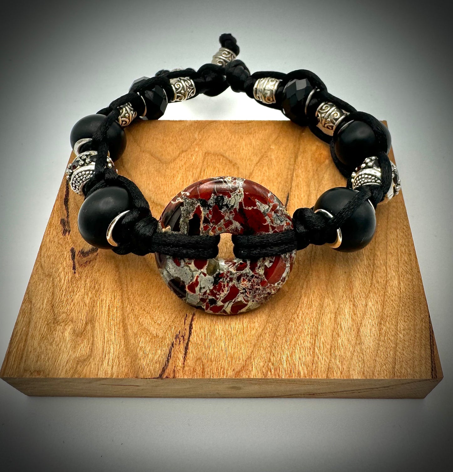 Brecciated Jasper Stone and Silver Filagree; Silk Macrame Bracelet