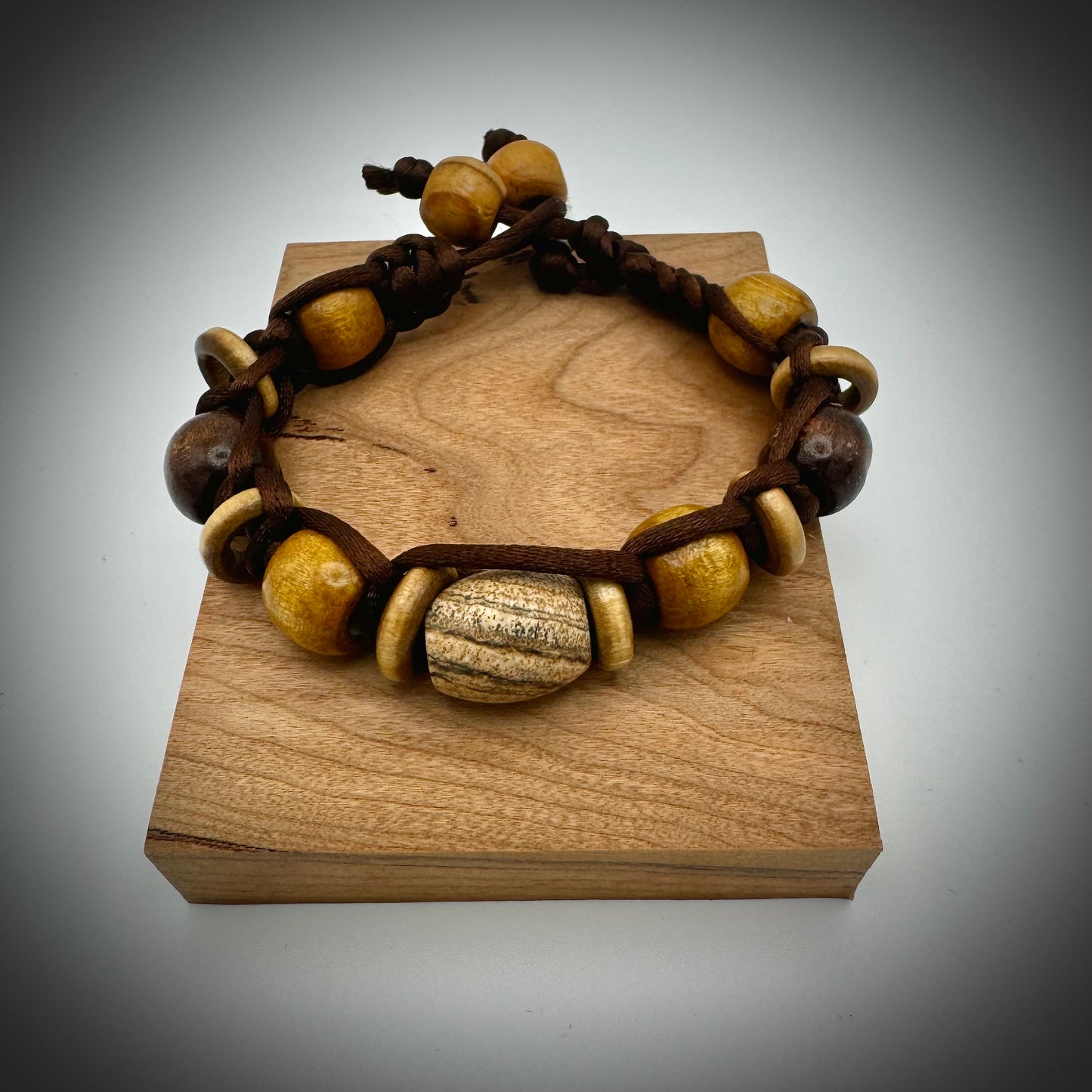 Stone and Wood Beads Bracelet with Silk Macrame Design