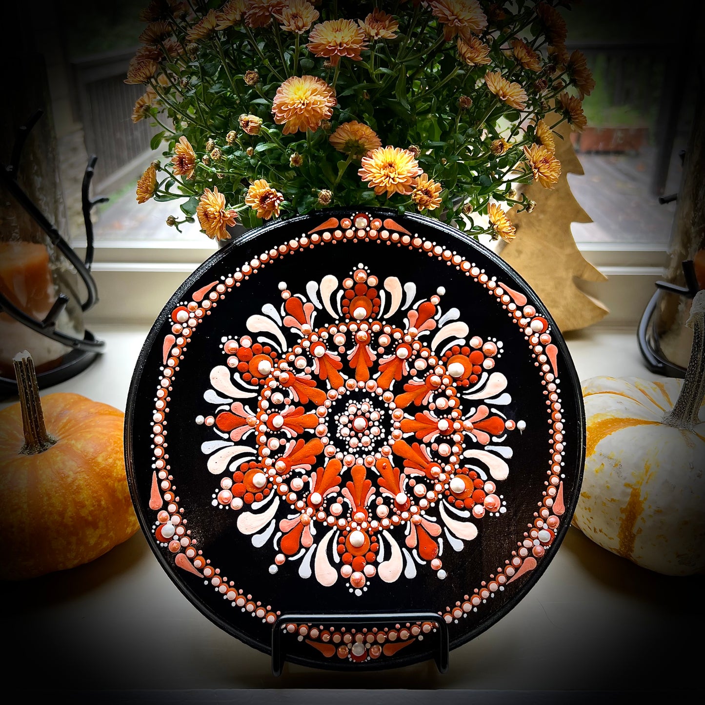 Autumn Themed Cadmium Orange Dot Mandala on Solid Pine Plaque