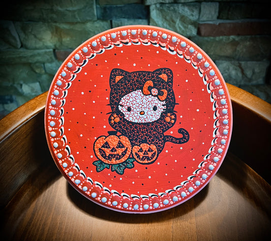 Cute Halloween Kitty & Pumpkin Dot Mandala on Solid Pine