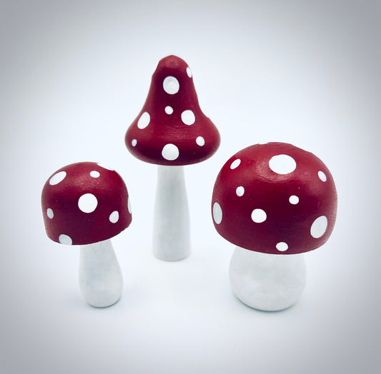 Set of 3 Hand-Painted Wooden Mushrooms