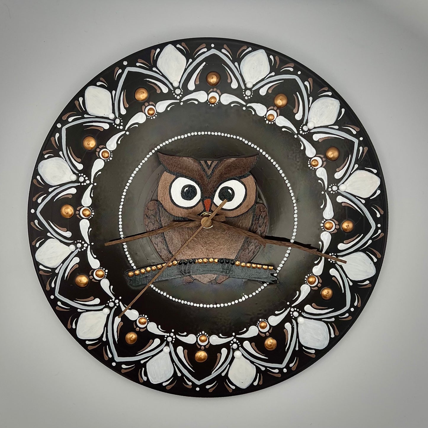 Album Record Vinyl Clocks; Mandala Owl Mandala with Wood Inlay