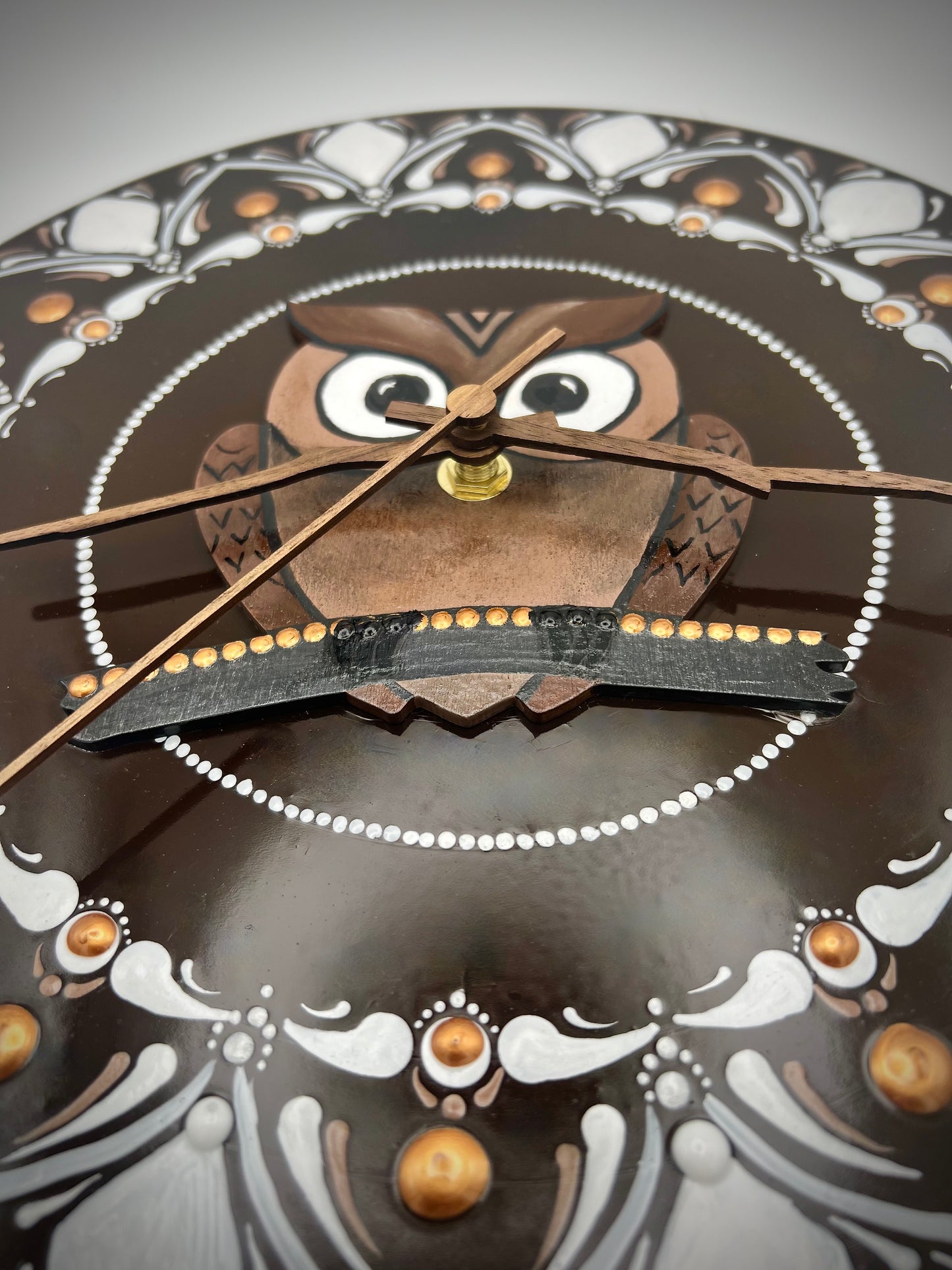 Album Record Vinyl Clocks; Mandala Owl Mandala with Wood Inlay