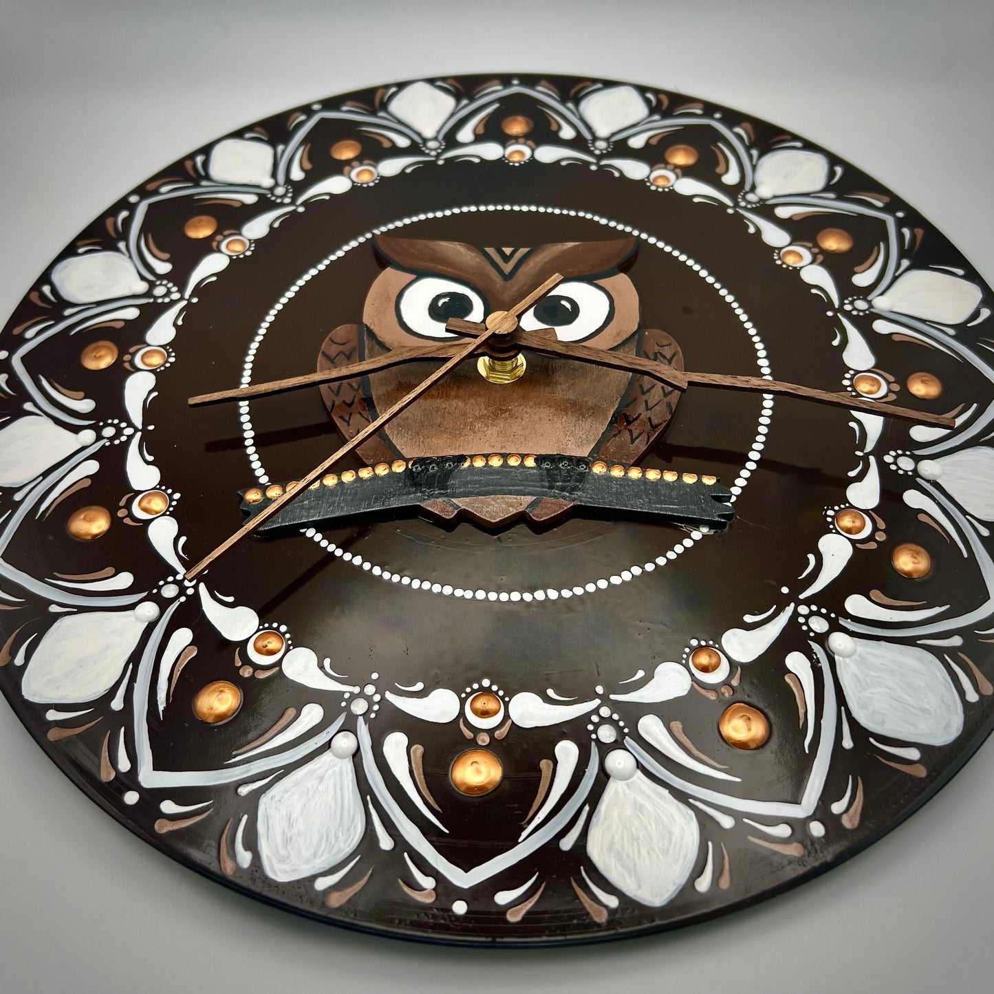 Album Record Vinyl Clocks; Mandala Owl Mandala with Wood Inlay