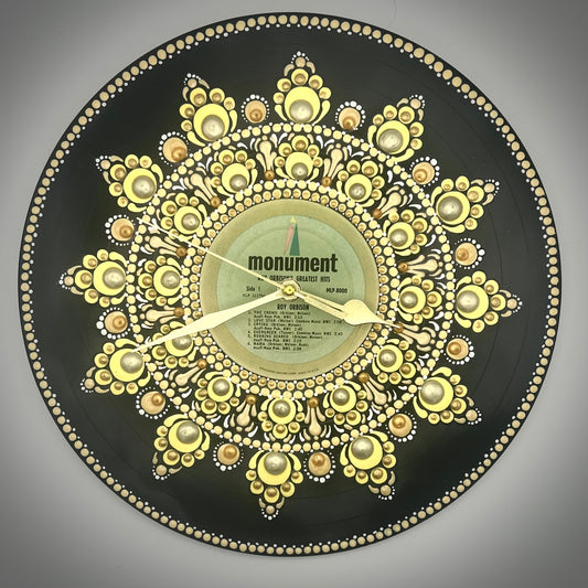 Roy Orbison's "Greatest Hits" Vintage Vinyl Record Clock: Yellow Mandala, Original 1964 Pressing